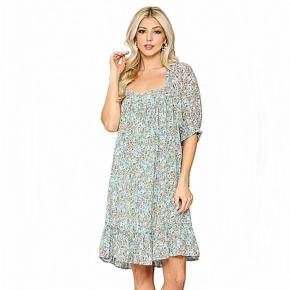 GiGio by Umgee Sea Foam Green Boho Chiffon Ditsy Floral Ruffle Dress - Picture 1 of 16